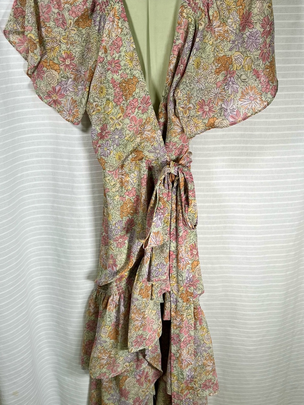 ASTR Light Green Floral Wrap Dress with Pastel Accents breezy light feminine
